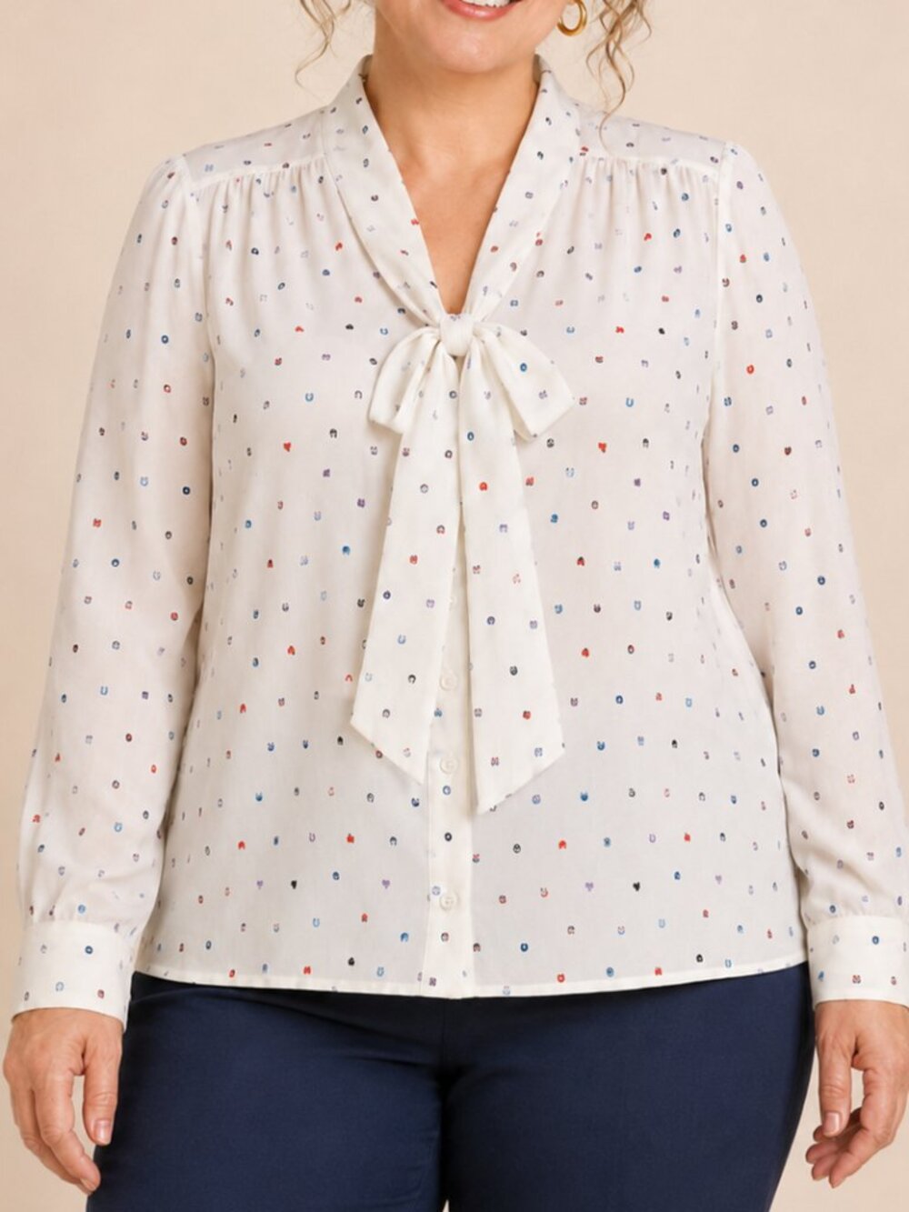 Modcloth Cream Tie-Neck Blouse, Size XL "Eye Love U"